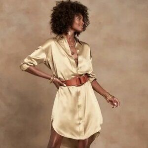 Banana Republic - 100% Silk - Metallic Gold Shirt Dress - M Petite - Work Wear